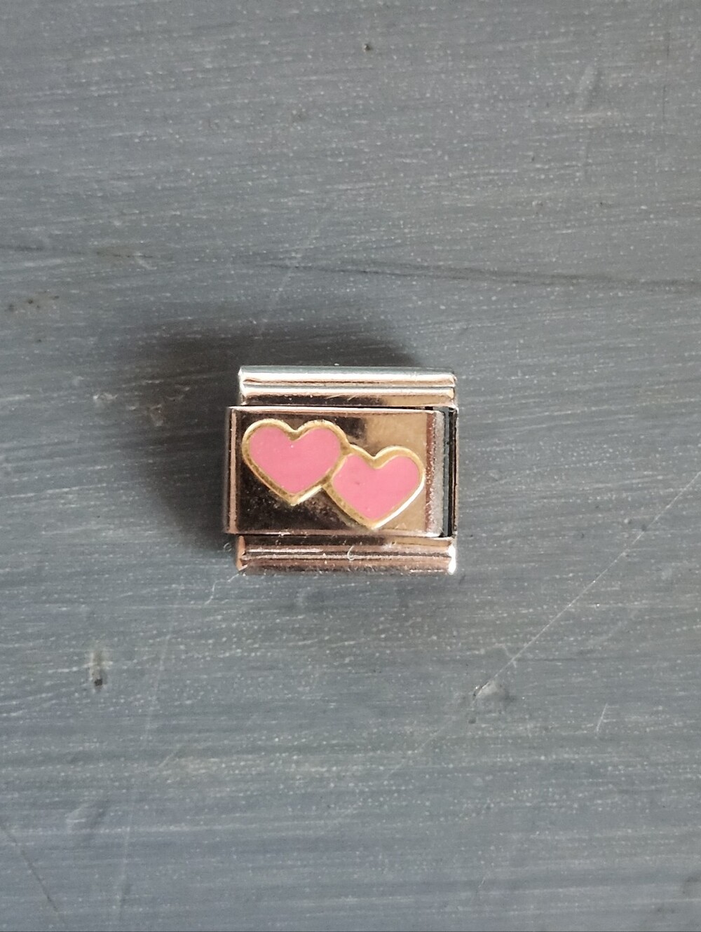 Vintage Silver Italian Link Charm with Pink Double Hearts